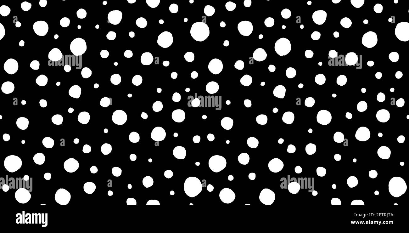 Seamless polkadot pattern made of playful hand drawn white paint polka dot circles or snow spots on black background. Simple abstract blender motif te Stock Photo