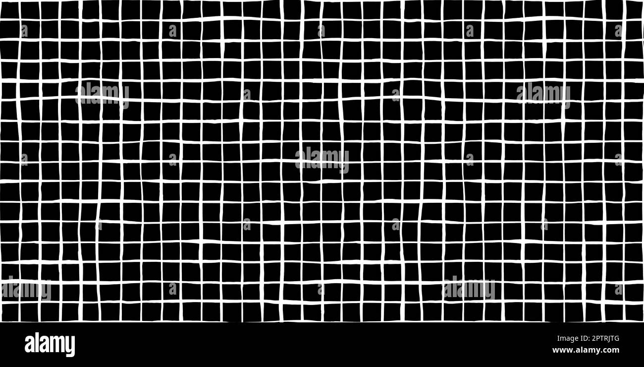 Seamless windowpane grid squares pattern made of wonky hand drawn white painterly lines on black background. Simple abstract blender motif texture in Stock Photo