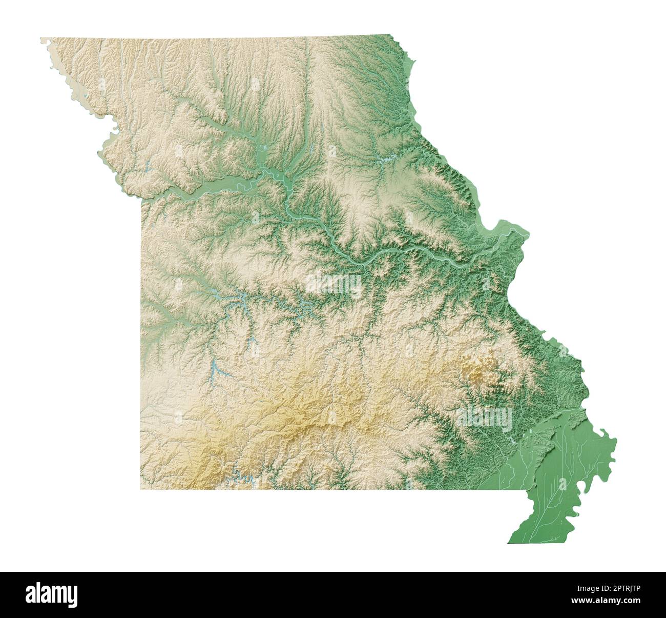 The US state of Missouri. A highly detailed 3D rendering of a shaded relief map with water bodies. Colored by elevation. Created with satellite data. Stock Photo