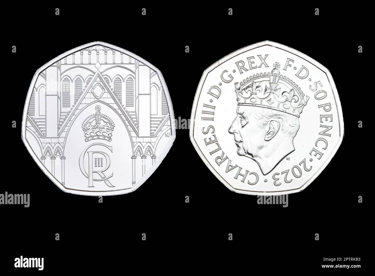 2023 50 pence coin featuring King Charles III wearing a crown for his