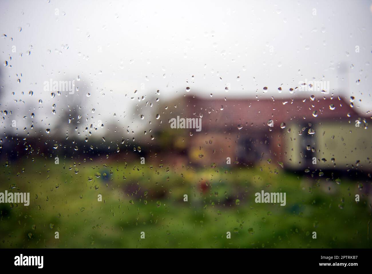 Raindrops on a window on a wet day in East Yorkshire Stock Photo