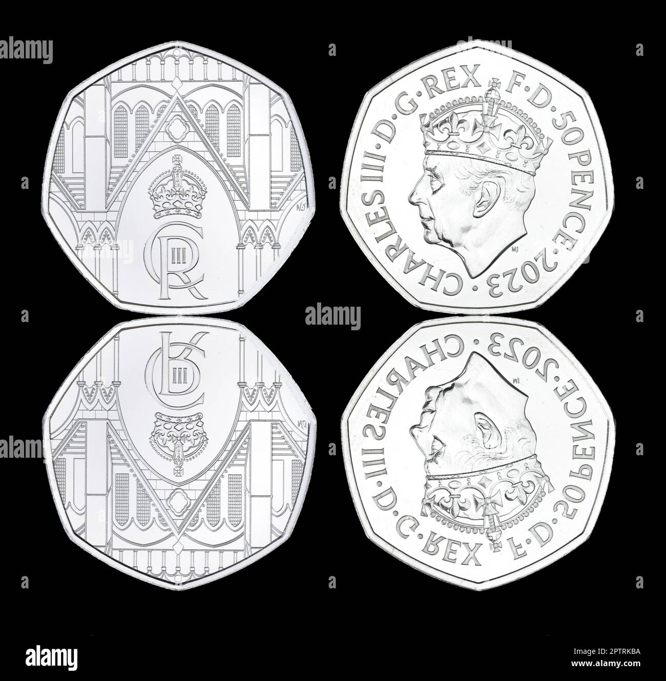2023 50 pence coin featuring King Charles III wearing a crown for his