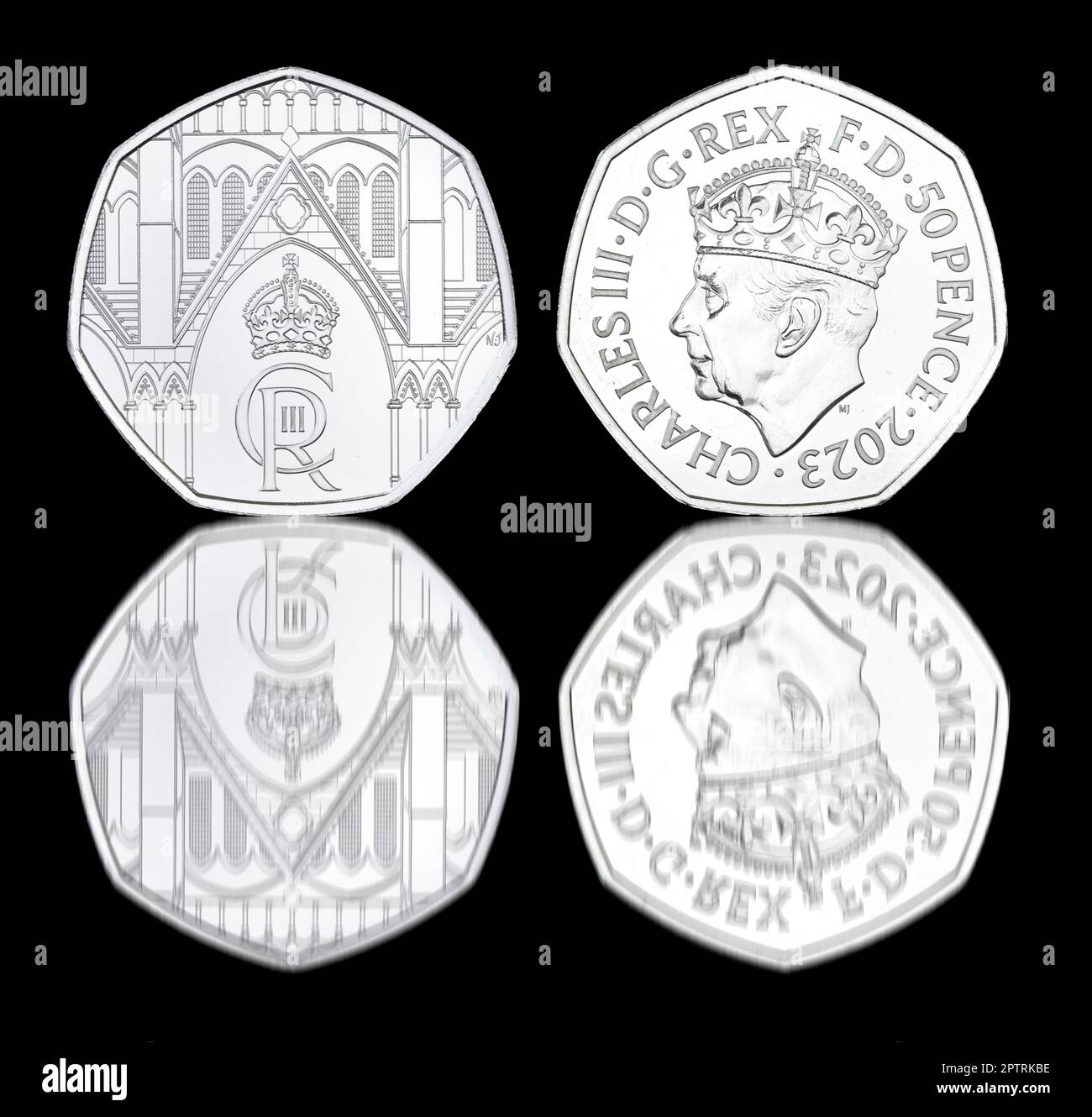 2023 50 pence coin featuring King Charles III wearing a crown for his