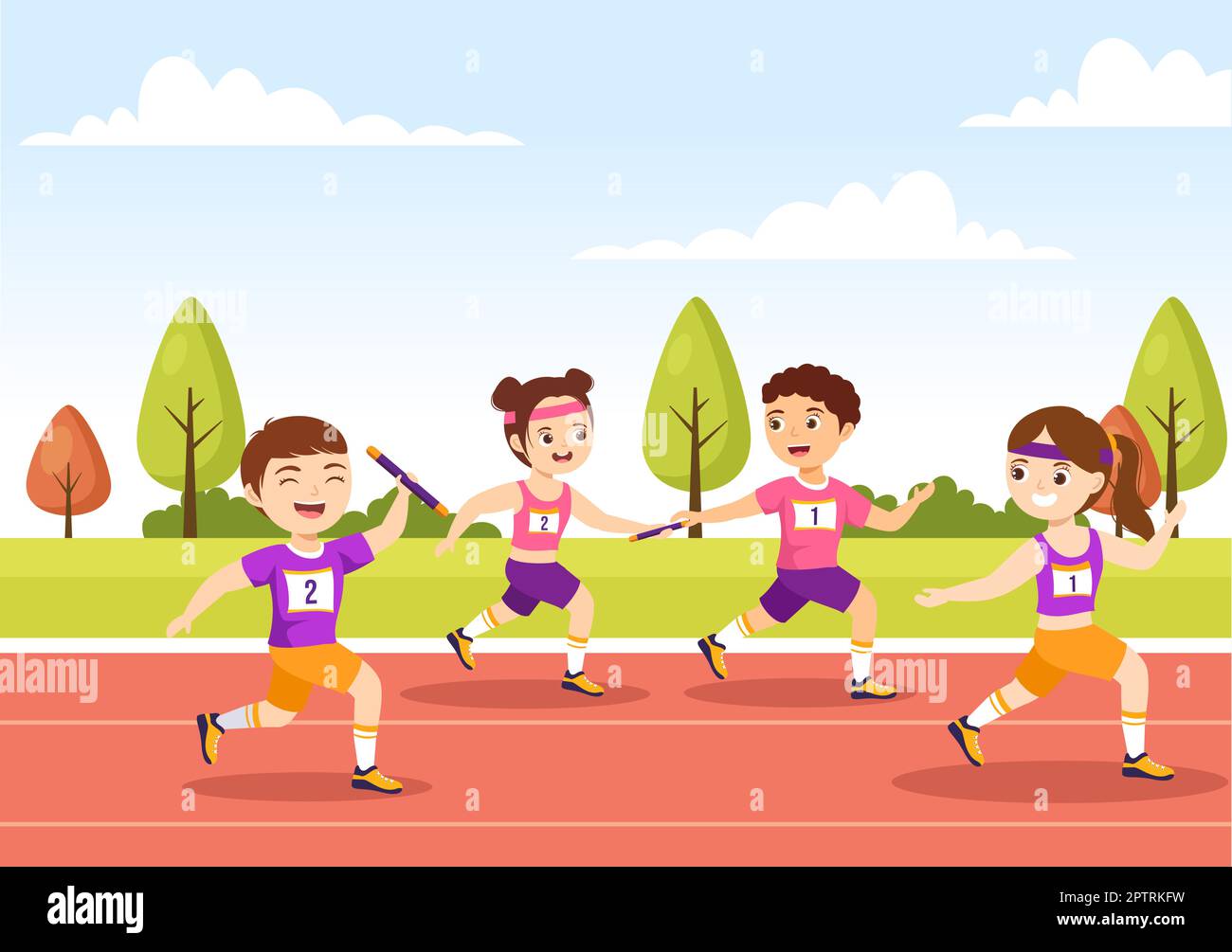 Relay Race Illustration Kids by Passing the Baton to Teammates Until Reaching the Finish Line in a Sports Championship Cartoon Hand Drawing Template Stock Vector