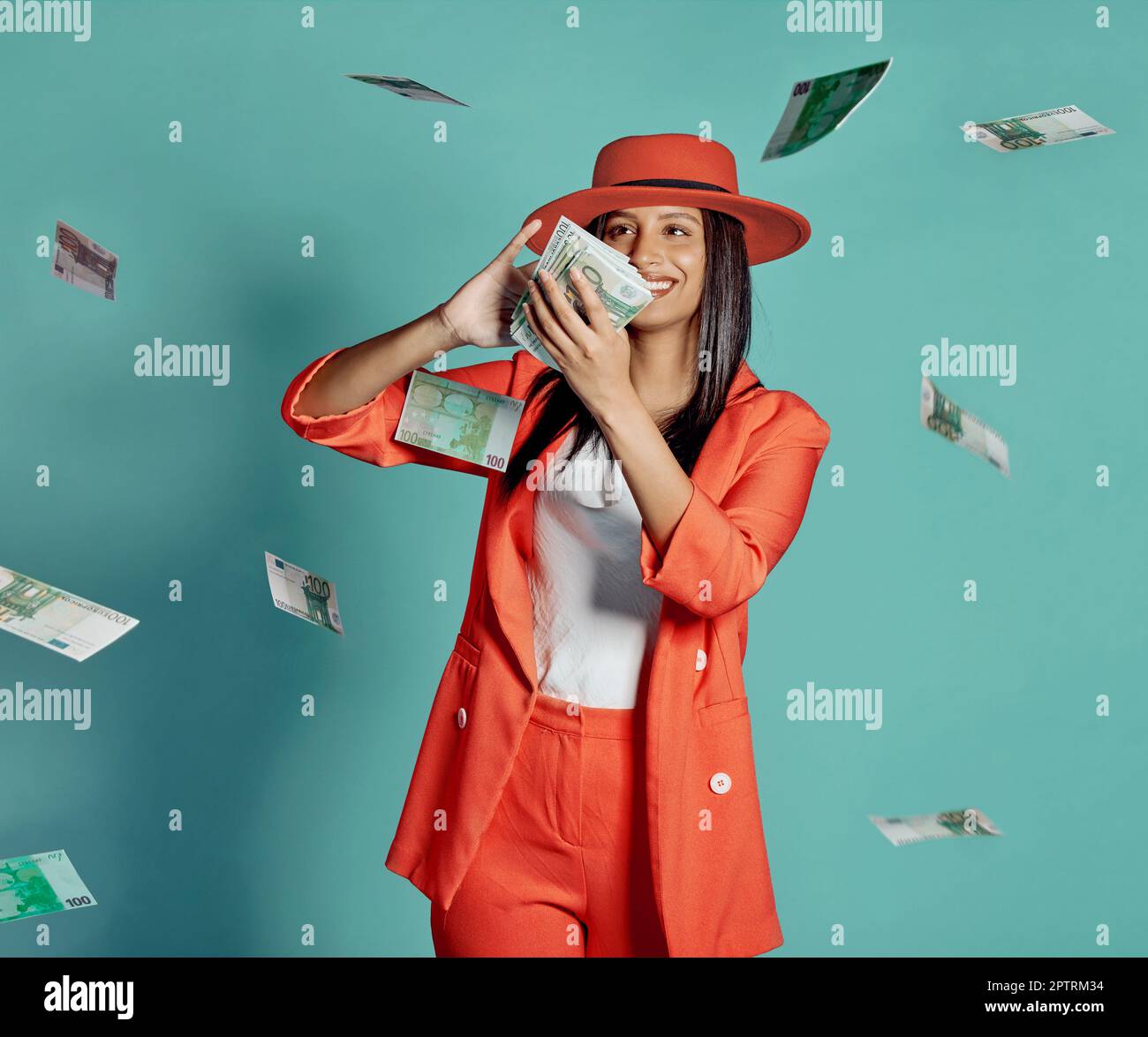 Cash, fashion and rich lady throwing money and spending away smiling as