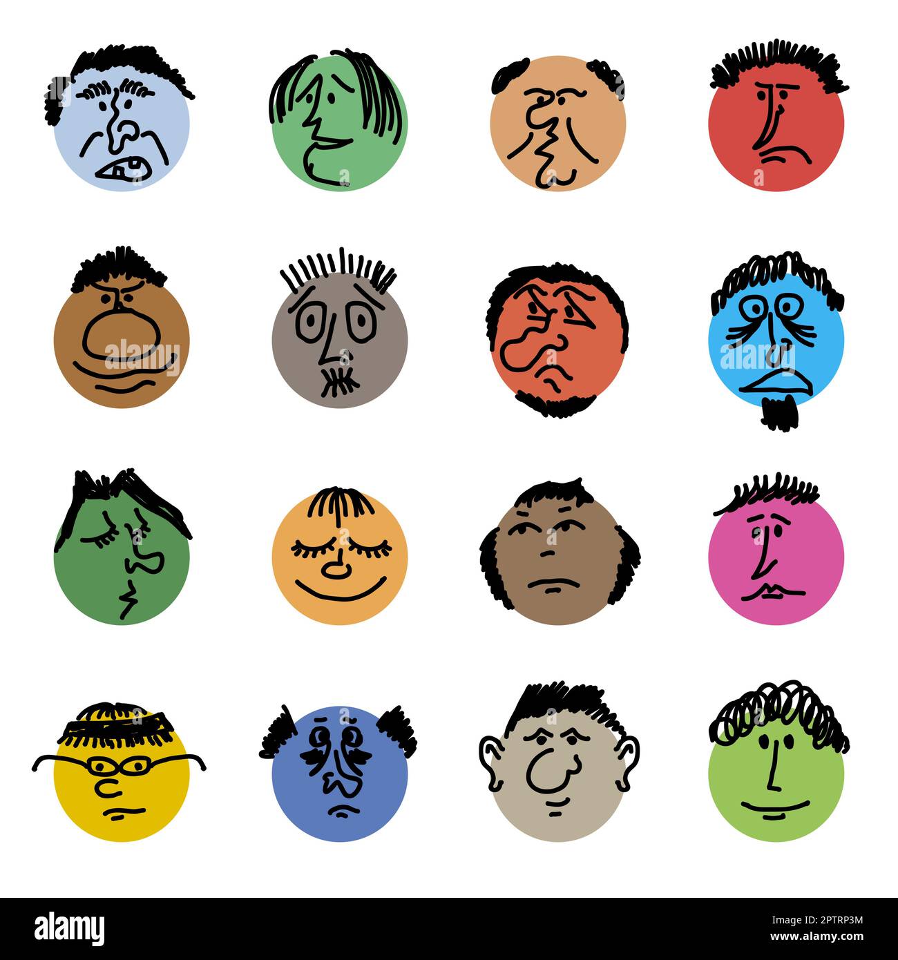 Colored doodle Heads. Round comic faces with various emotions. Crayon ...