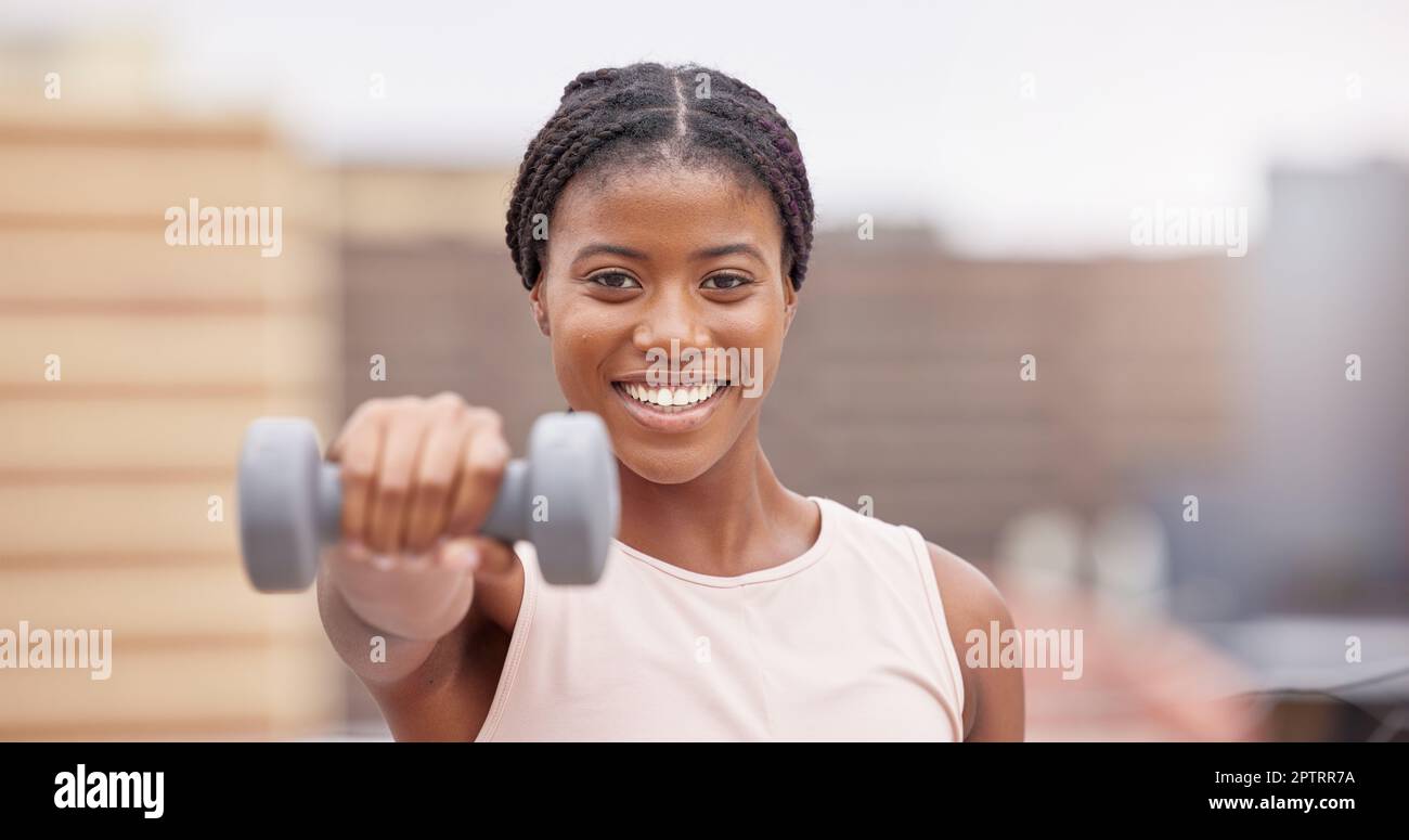 Fitness, gym and portrait of black woman with dumbbell, smile and ...