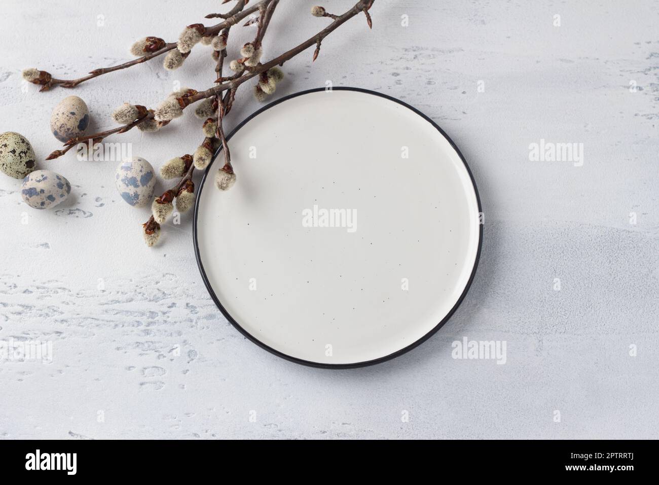 White plate, willow branches, eggs on a light blue background, Easter composition. top view Stock Photo