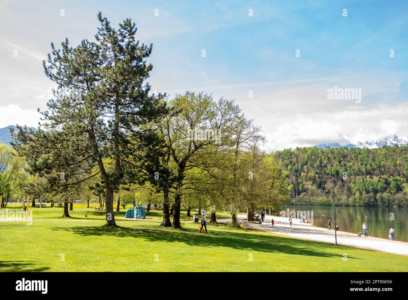 View of the Levico lake park. April 22 Levico, Trentino Alto Adige, Italy Stock Photo