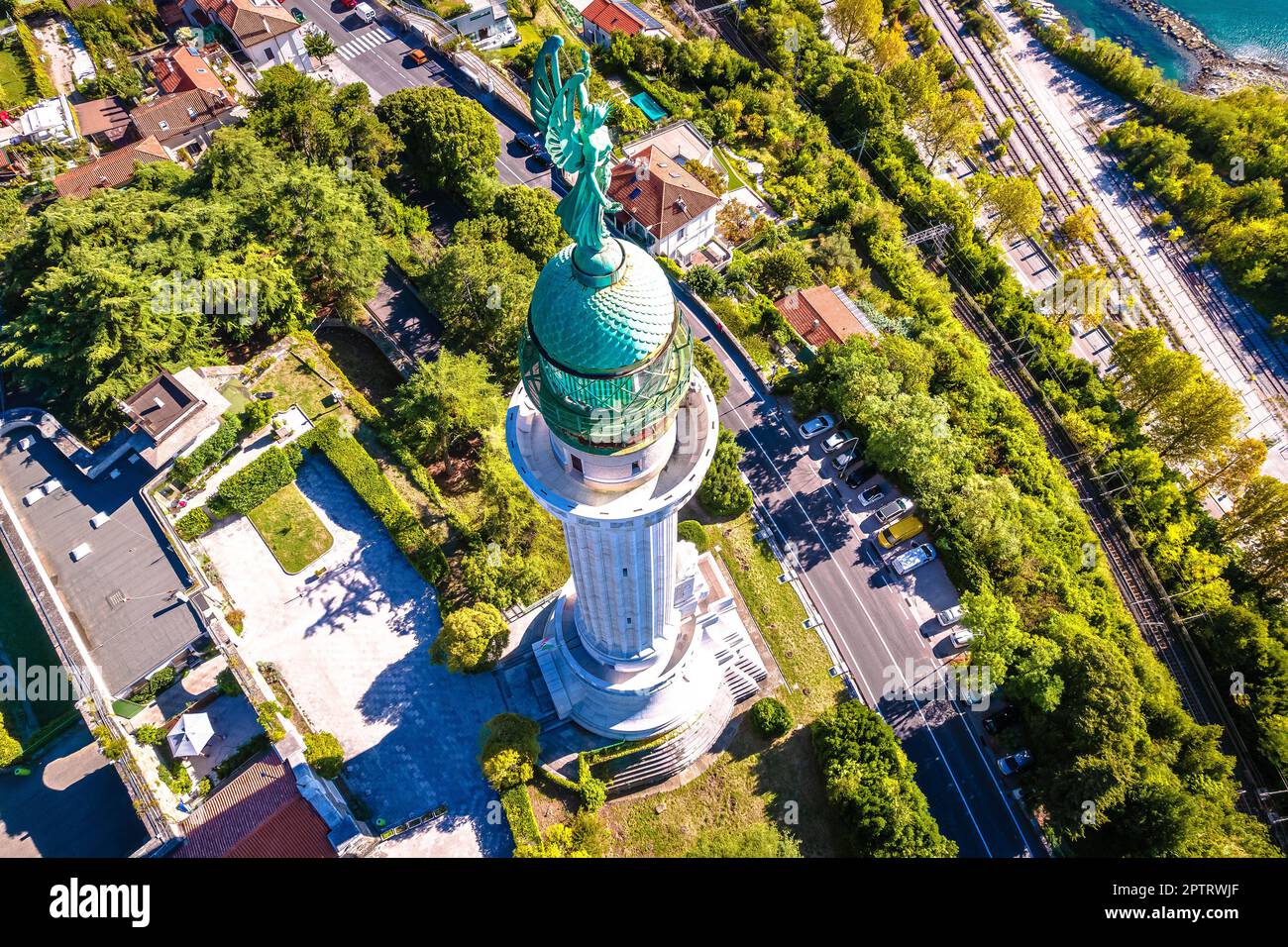 Trieste lighthouse Phare de la Victoire aerial view, Friuli Venezia Giulia region of Italy Stock