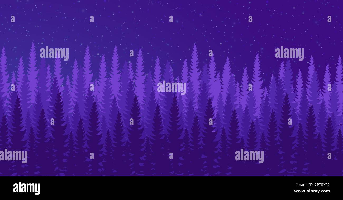 Panorama of dense night forest, fir and pine trees of natural green ...