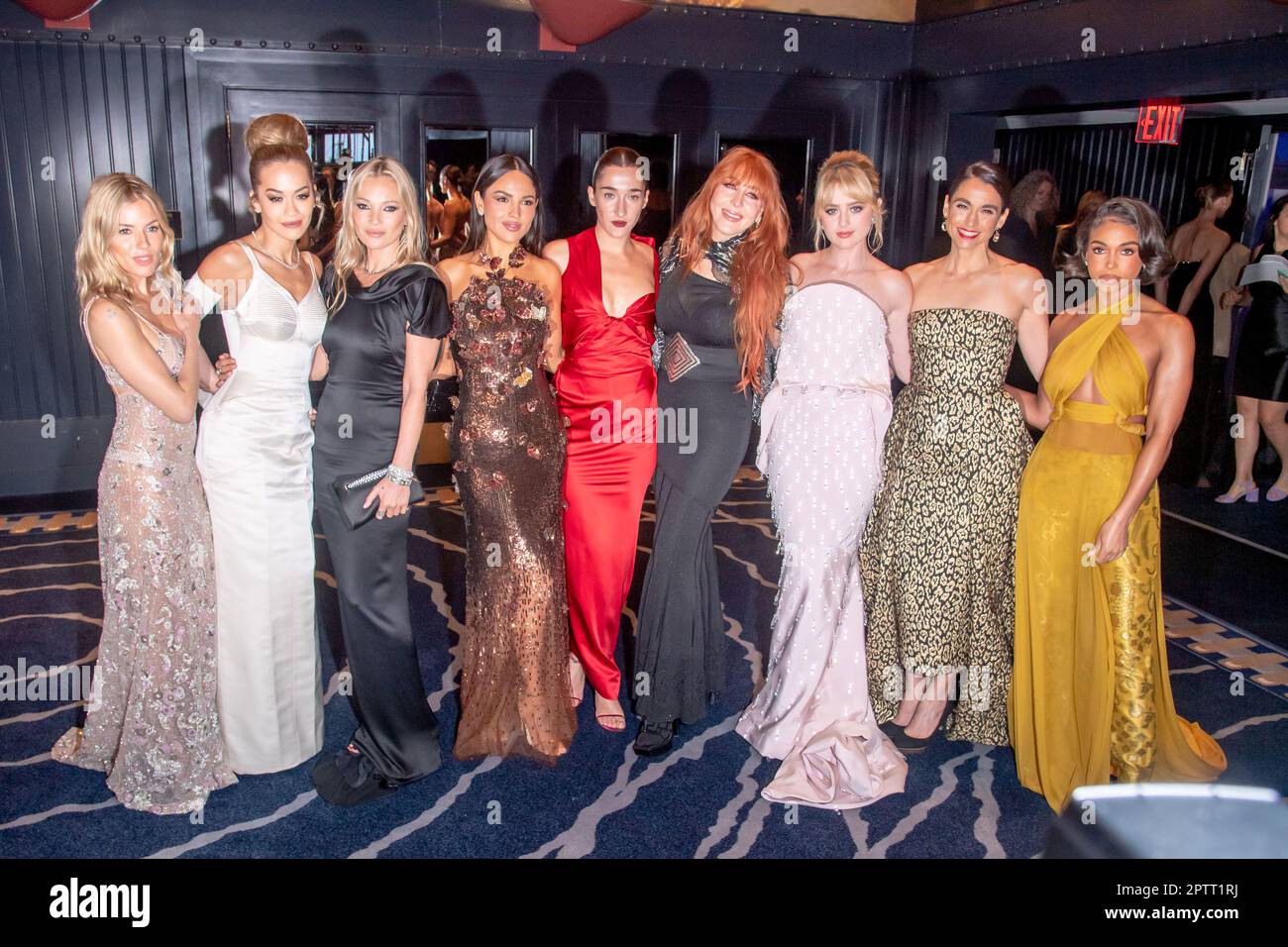 (L-R) Sienna Miller, Rita Ora, Kate Moss, Eiza Gonzalez, Guest, Charlotte Tillbury, Kathryn Newton, Guest and Lori Harvey attend 2023 The Prince's Trust Gala at Cipriani South Street in New York City. (Photo by Ron Adar / SOPA Images/Sipa USA) Stock Photo