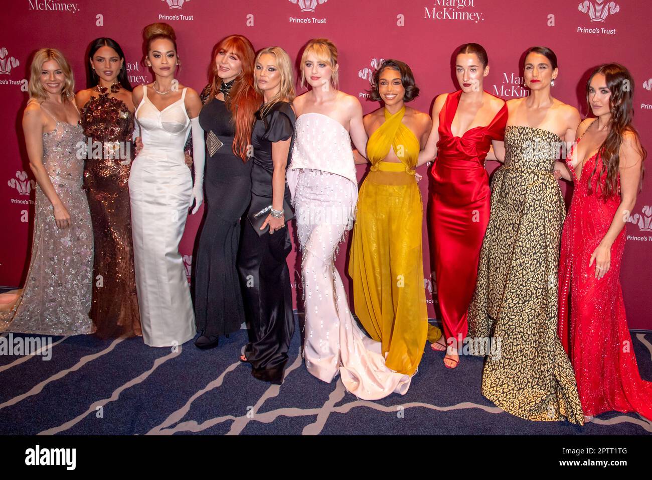 (L-R) Sienna Miller, Eiza Gonzalez, Rita Ora, Charlotte Tilbury, Kate Moss, Kathryn Newton, Lori Harvey, guest, Demetra Pinset and guest attend 2023 The Prince's Trust Gala at Cipriani South Street in New York City. (Photo by Ron Adar / SOPA Images/Sipa USA) Stock Photo