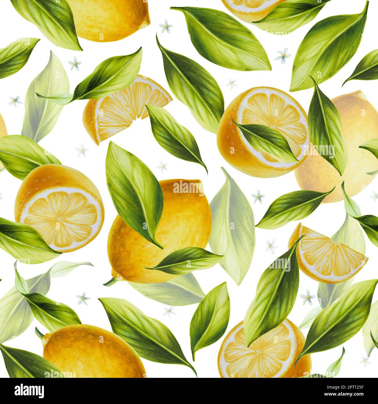 Watercolor seamless pattern with fresh ripe lemon with bright green ...