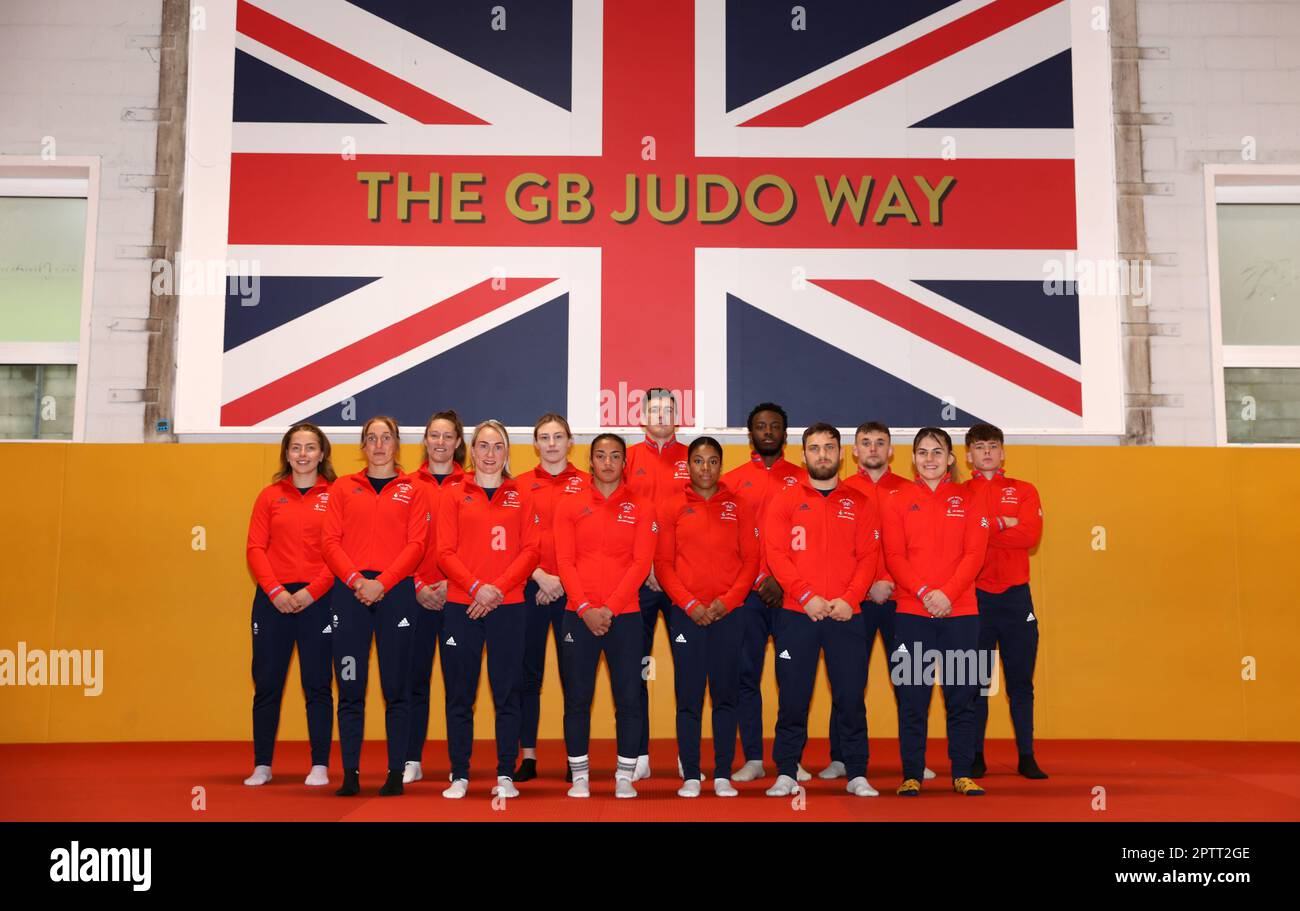 Team GB Judo pose for a group photo during a media day at The British Judo National Training