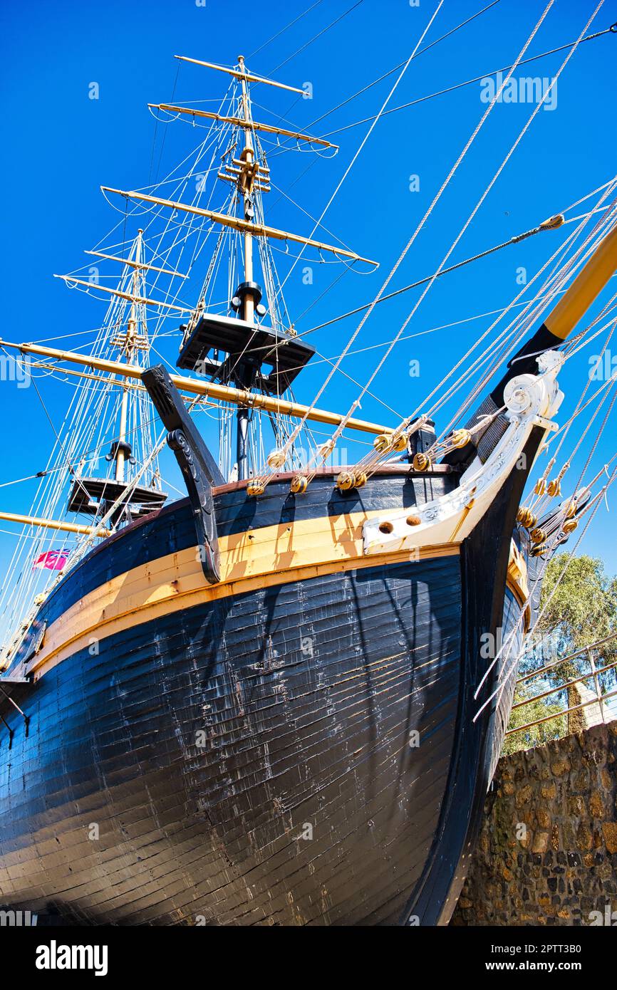 Bow of the 148-ton brig Amity, a replica of a sailing ship from 1826.  Museum of the Great Southern in Albany, Western Australia. Low camera standpoint Stock Photo