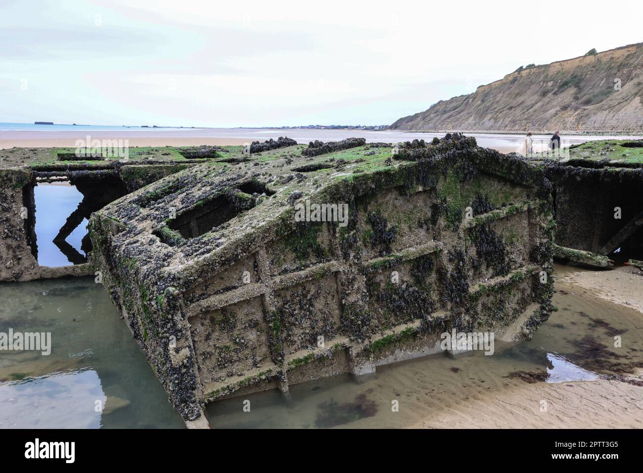 Operation Mulberry,Mulberry,artificial,portable,harbour,port,remains,from,WW II,Second World War,beach,at,Gold Beach,Arromanches,Arromanches-les-Bains,Normandy,Normandie,France,French,Europe,European in,Calvados,department,Normandy,Normandie,France,French,Europe,European, Stock Photo