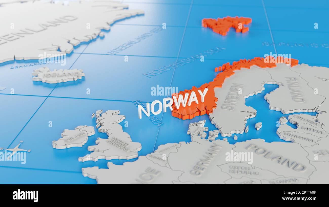 Norway Highlighted On A White Simplified 3D World Map Digital 3D Norway Highlighted On A White Simplified 3d World Map Digital 3d Render 2PTT68K