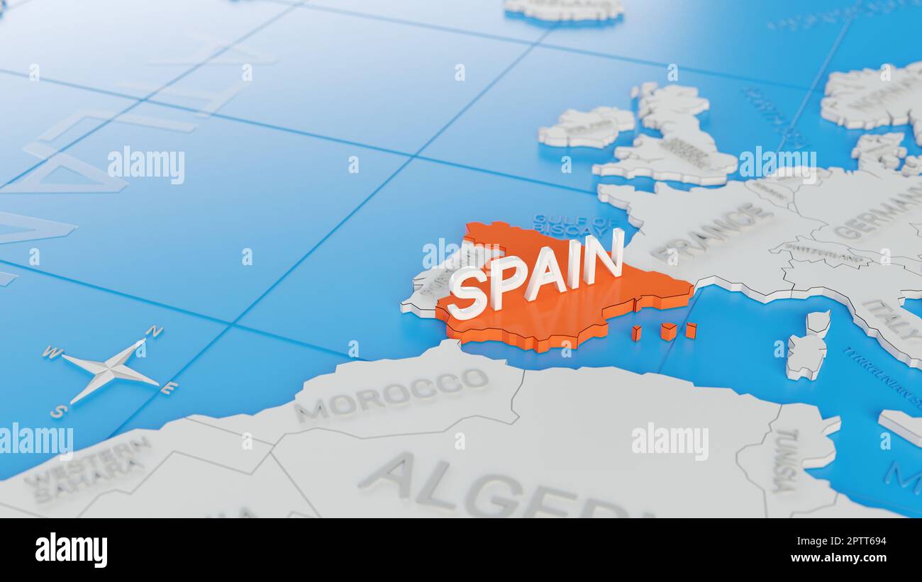 Spain highlighted on a white simplified 3D world map. Digital 3D render ...