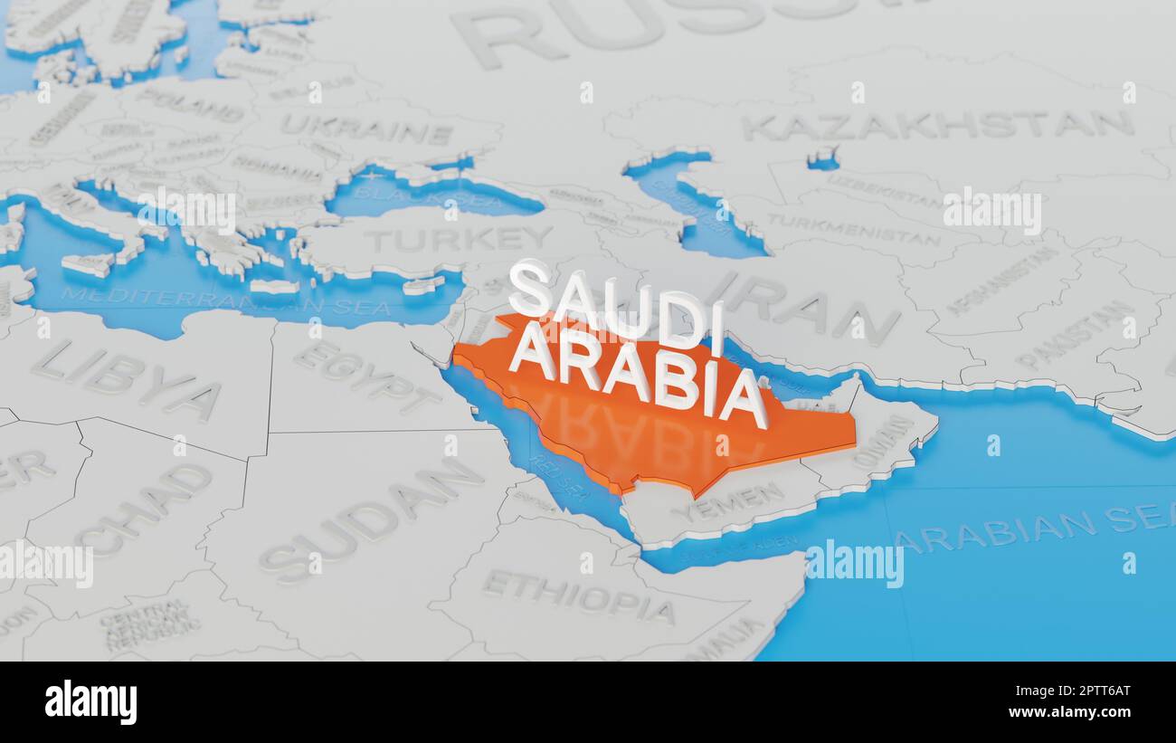 Saudi Arabia Highlighted On A White Simplified 3D World Map Digital 3D Saudi Arabia Highlighted On A White Simplified 3d World Map Digital 3d Render 2PTT6AT