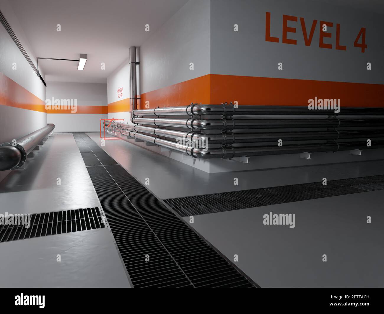 Clean, modern industrial hallway with stainless steel pipelines