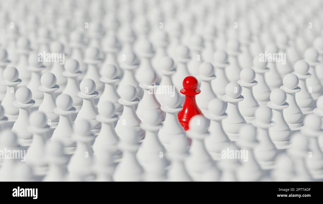 Single red chess pawn standing out among an army of white ones. Digital ...