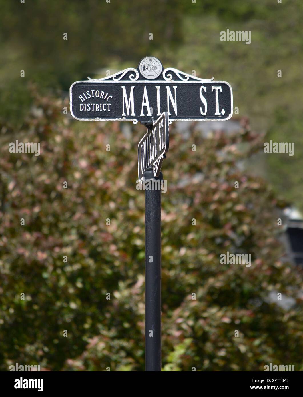 A street sign identifies Main Street in the small town of Abingdon