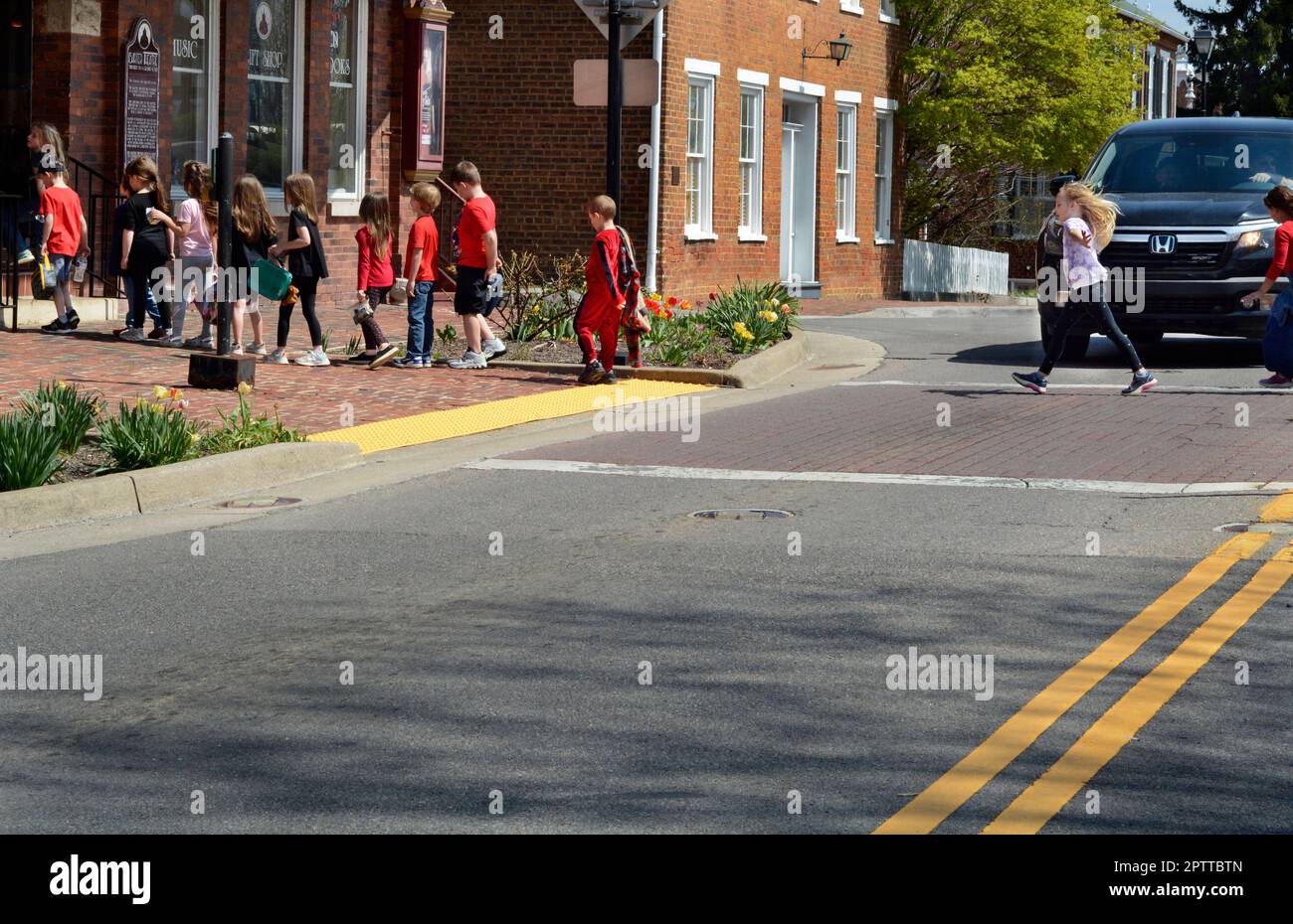 Elementary school children on a class field trip cross the road on a
