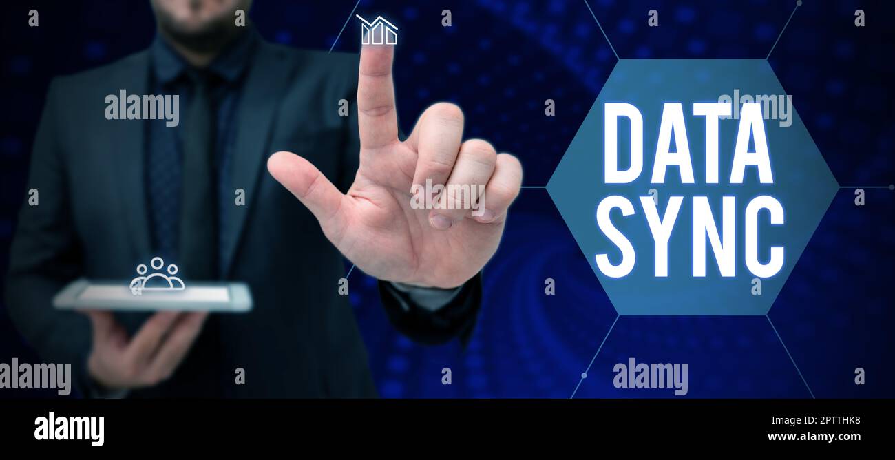 Conceptual caption Data Sync, Business showcase data that is continuously generated by different sources Stock Photo