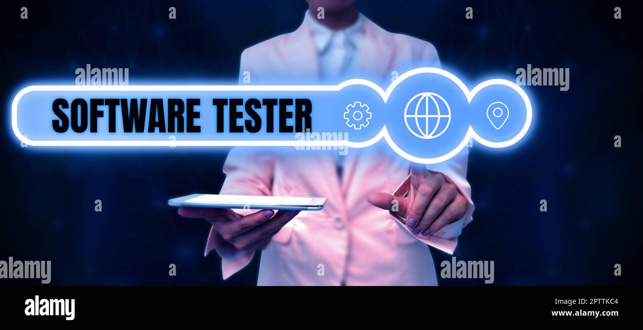Text caption presenting Software Tester, Business overview implemented to protect software against malicious attack Stock Photo