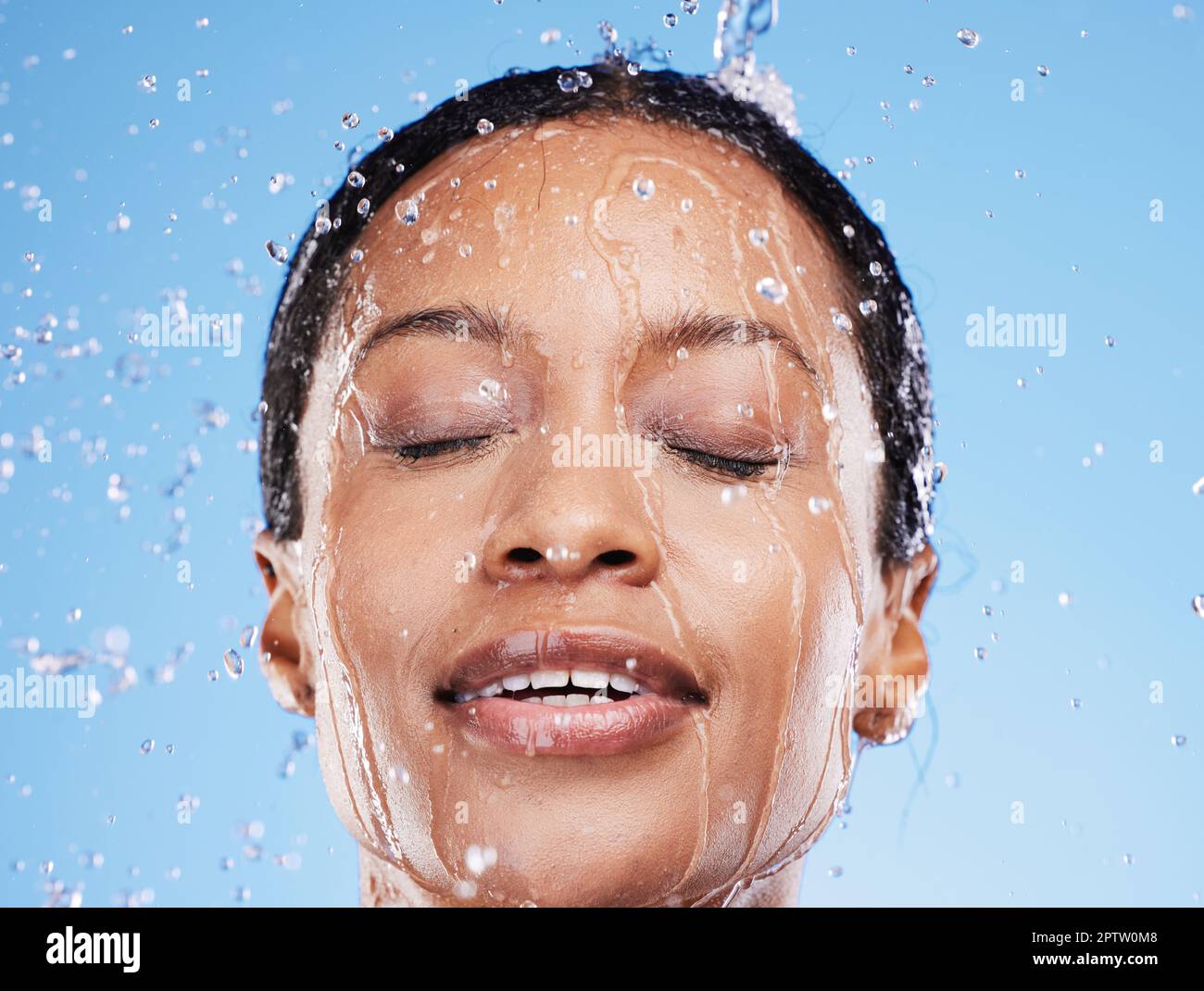 Face cleaning, water and black woman with shower for body hygiene