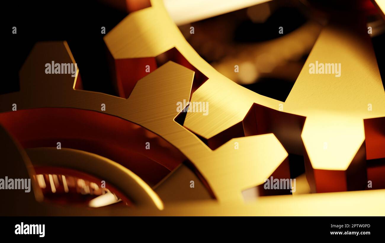 Golden clockwork mechanism, close up. Precision engineering, concept