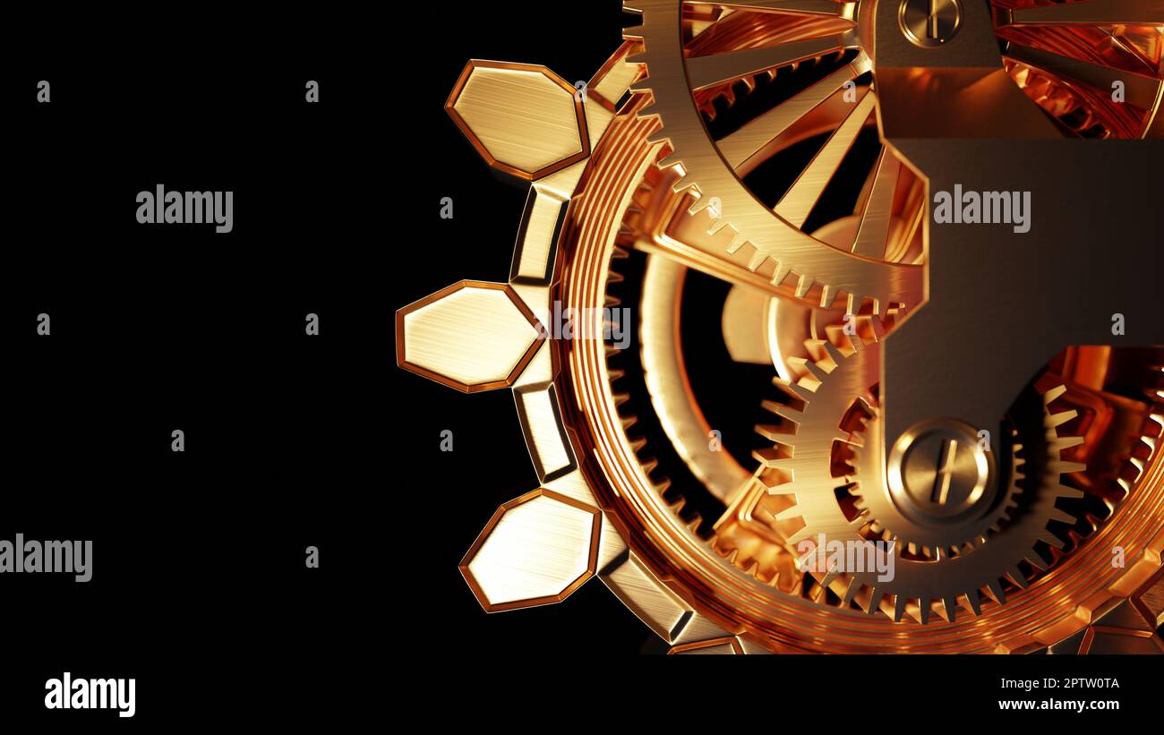 Golden clockwork mechanism, close up. Precision engineering, concept