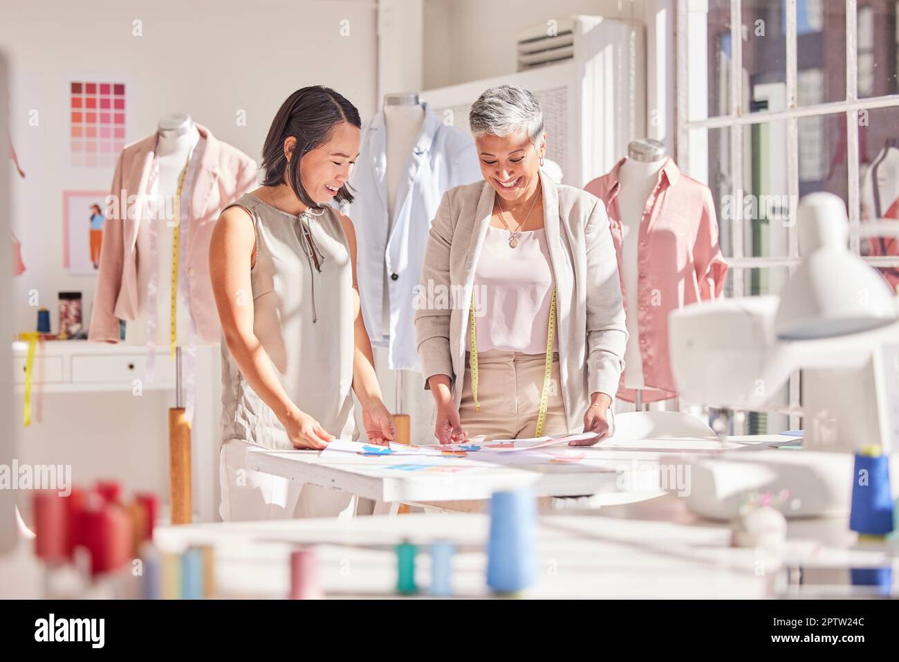 Teamwork, collaboration and fashion designer team working on a new