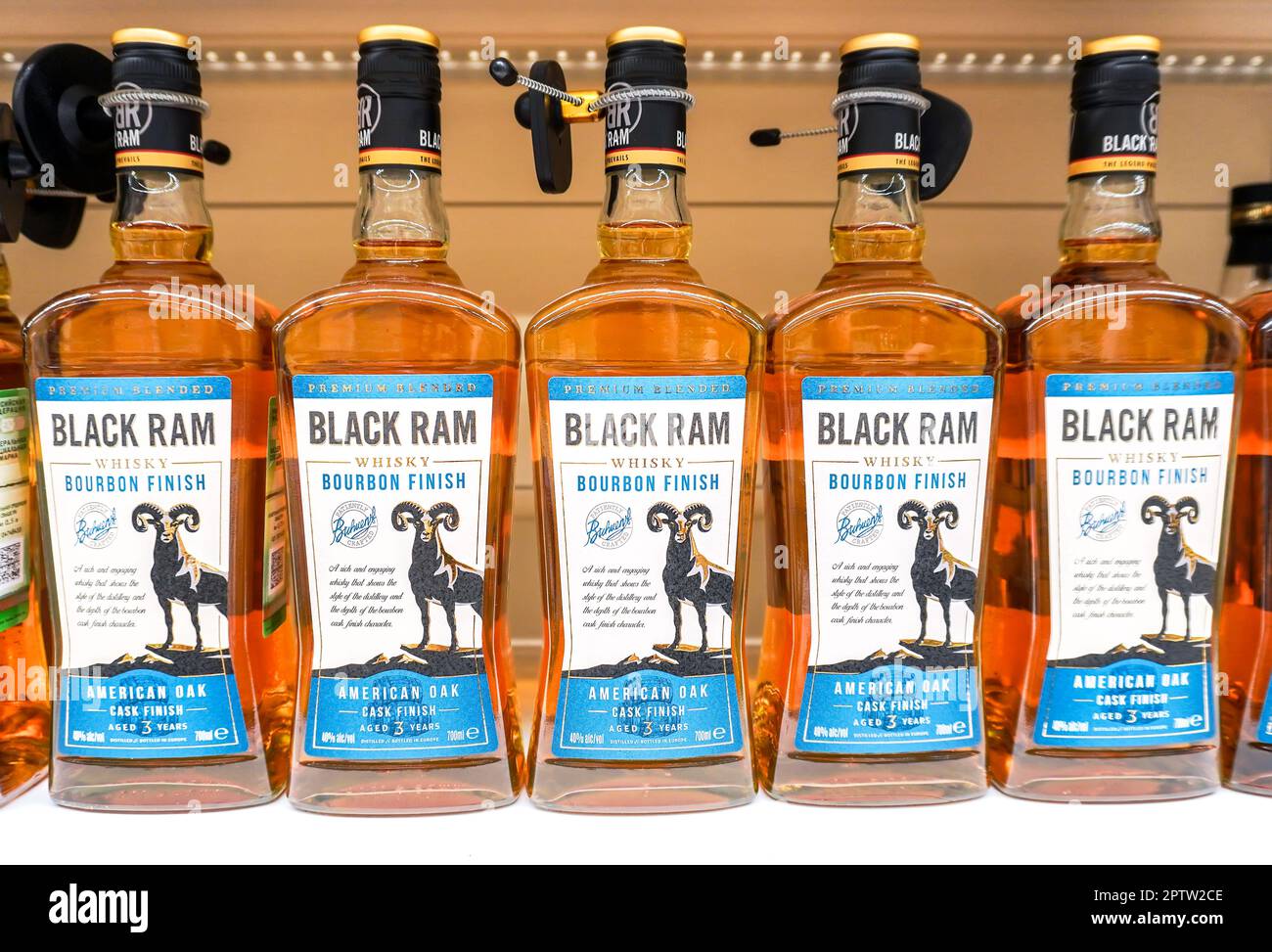 Samara, Russia - April 23, 2023: Black Ram bottled whiskey at supermarket  shelf. Bottled alcoholic beverages and spirit drinks. Strong alcoholic  bever Stock Photo - Alamy