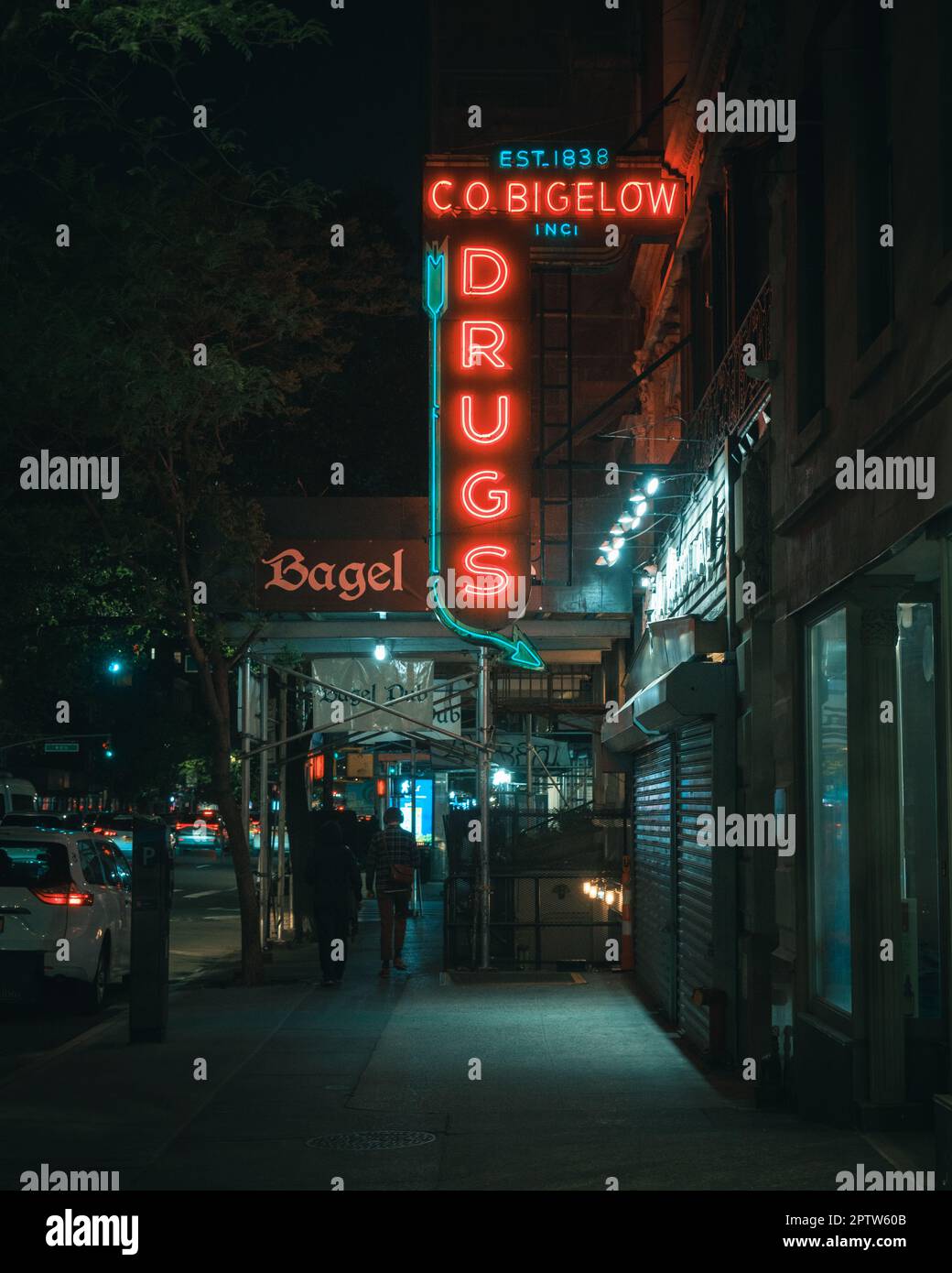 C.O. Bigelow Chemists vintage neon sign at night, in the West Village