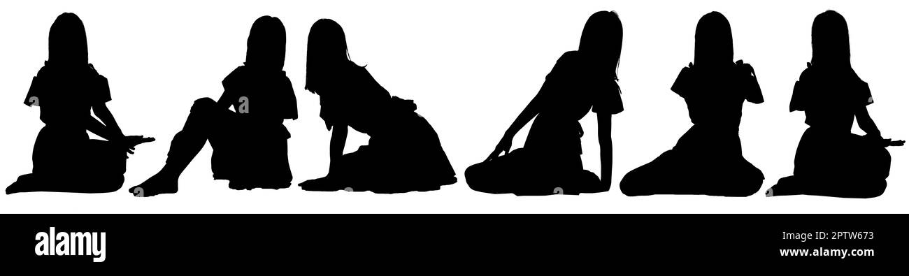 Black silhouettes of a teenager girl in different poses isolated on a white background. High resolution. Stock Photo