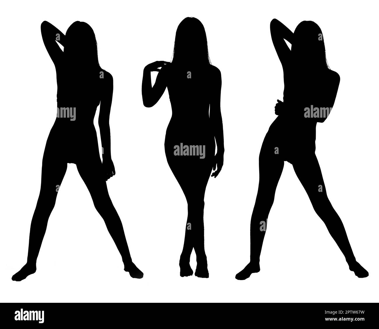 Black silhouettes of a teenager girl in different poses isolated on a white background. High resolution. Stock Photo