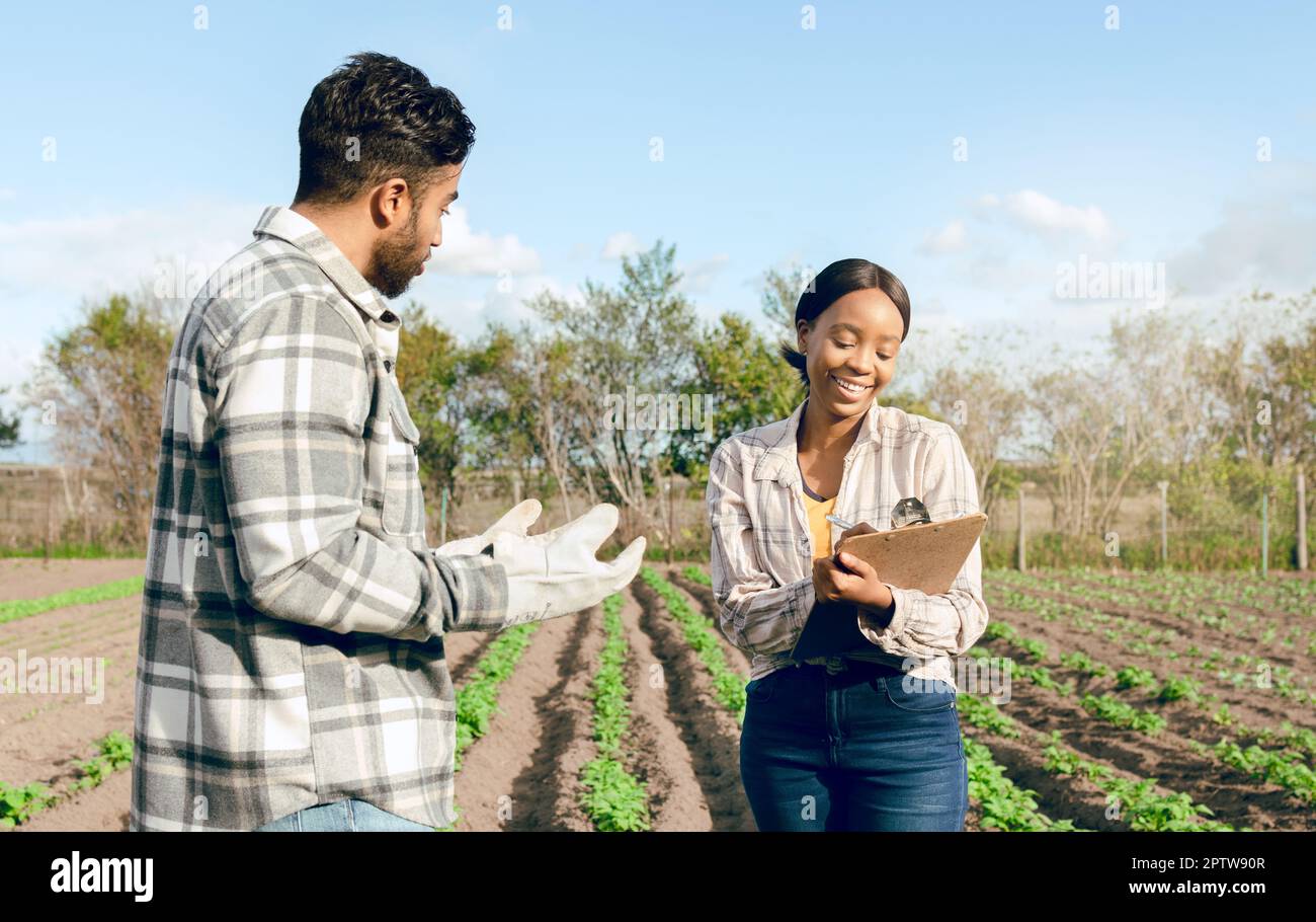 Farm, farmer and woman with clipboard for agriculture, sustainability