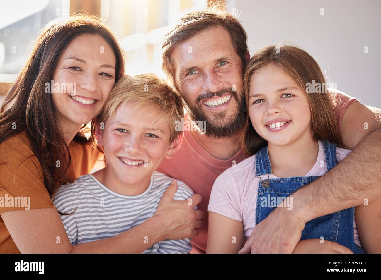 Happy family, kids and parents, portrait and love, living room and ...