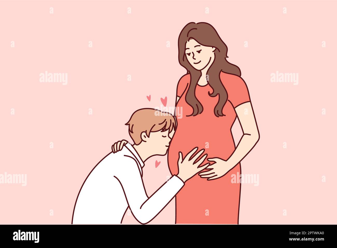 Happy young man kiss pregnant woman belly excited about parenthood