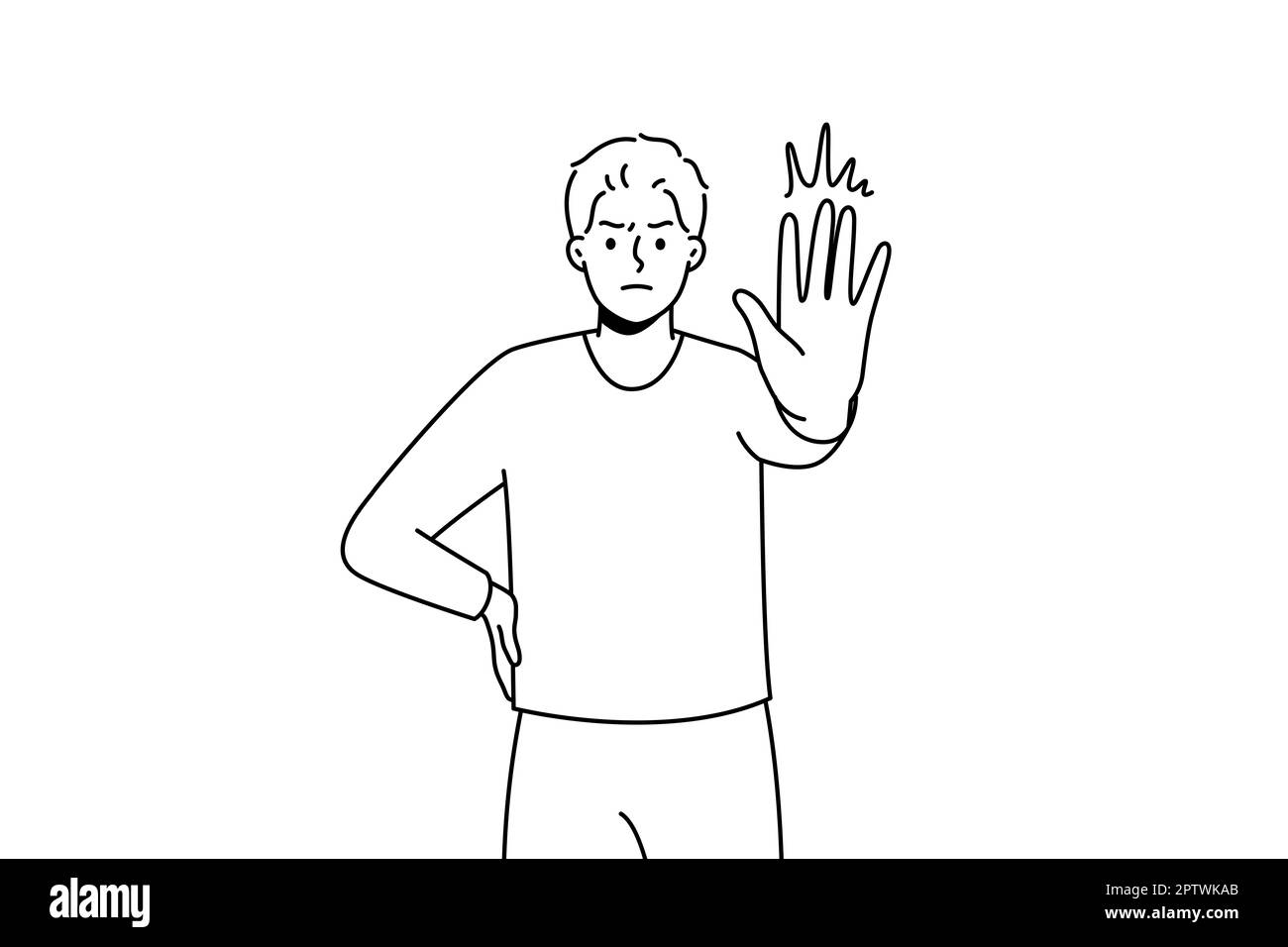 Decisive young man show no hand gesture. Serious male demonstrate stop sign. Nonverbal communication and body language. Vector illustration. Stock Photo