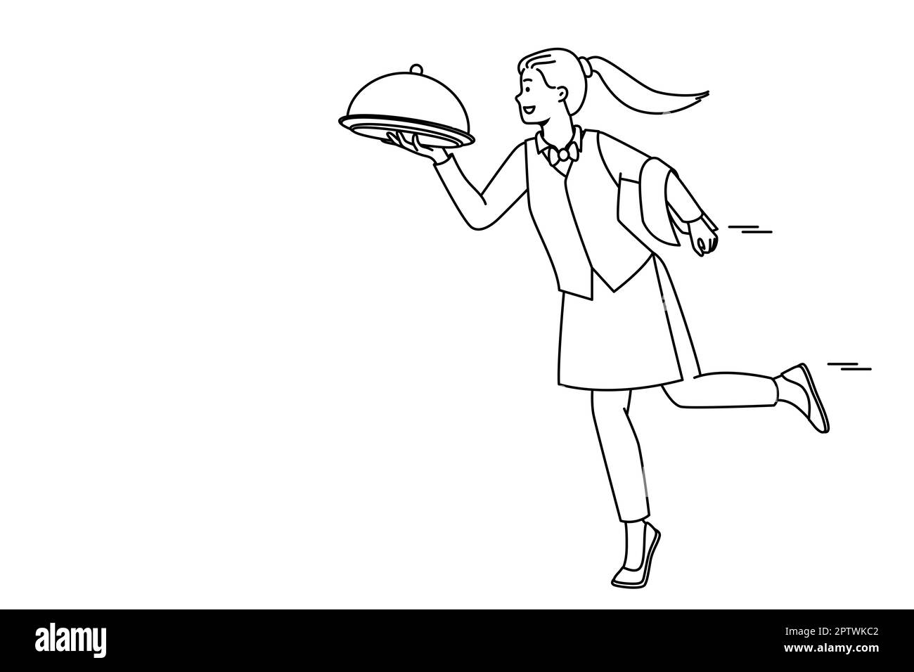 Smiling waitress in uniform bringing dish to client in restaurant. Happy female server with meal working in cafe. Good service concept. Vector illustr Stock Photo