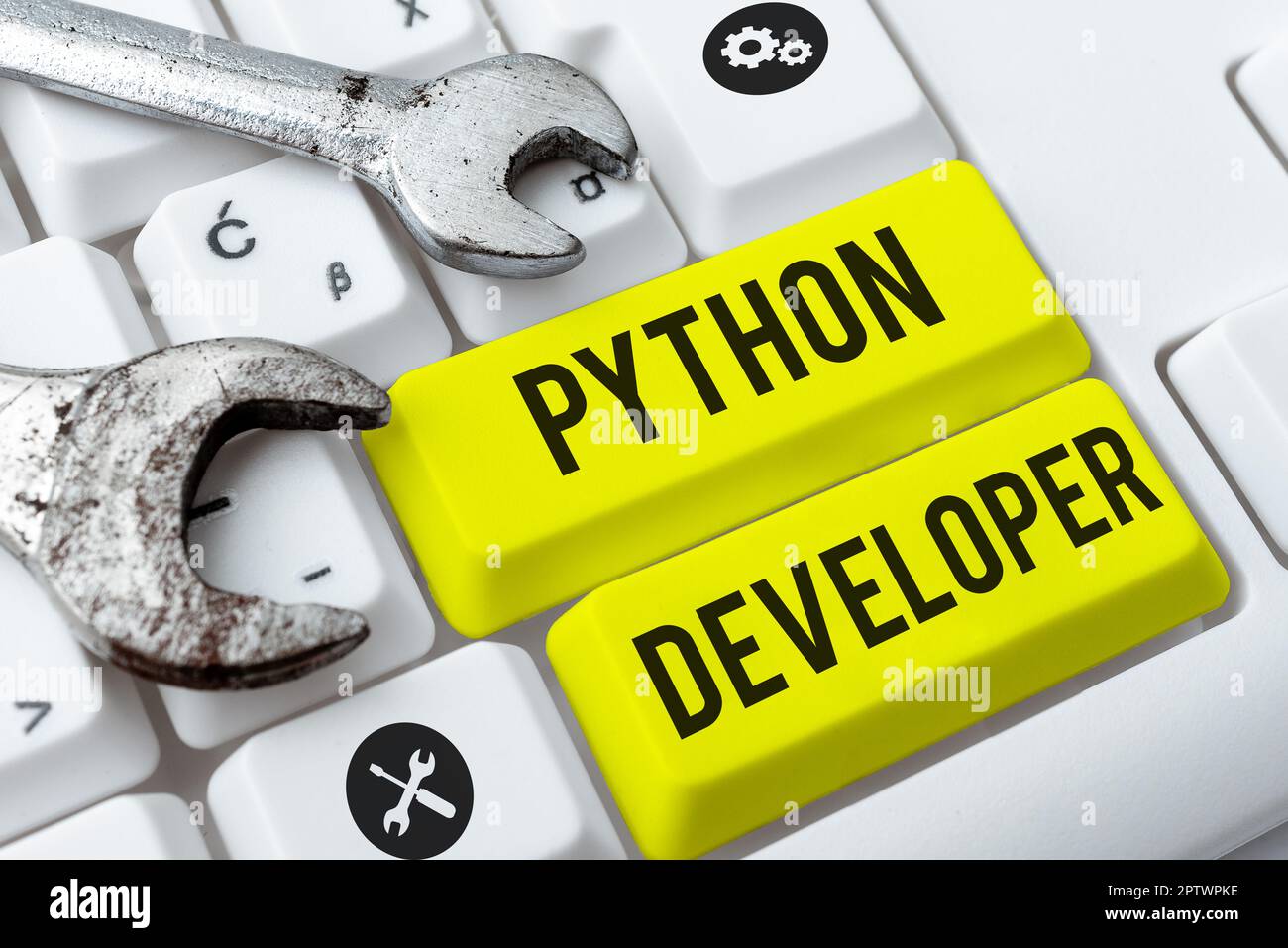 Conceptual caption Python Developer, Word Written on responsible for writing serverside web application logic Stock Photo