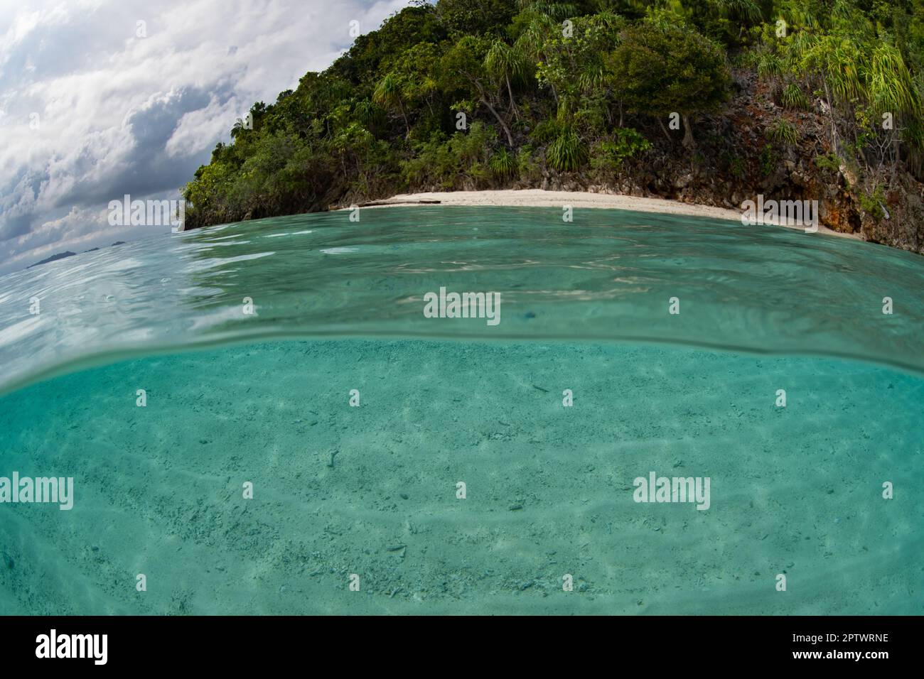 Clear, warm water bathes a remote tropical island off the coast of West Papua, Indonesia. This spectacular region harbors high marine biodiversity. Stock Photo