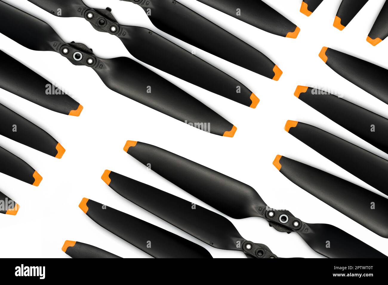 Top view of drone propeller blades on white. Drone propellers made from