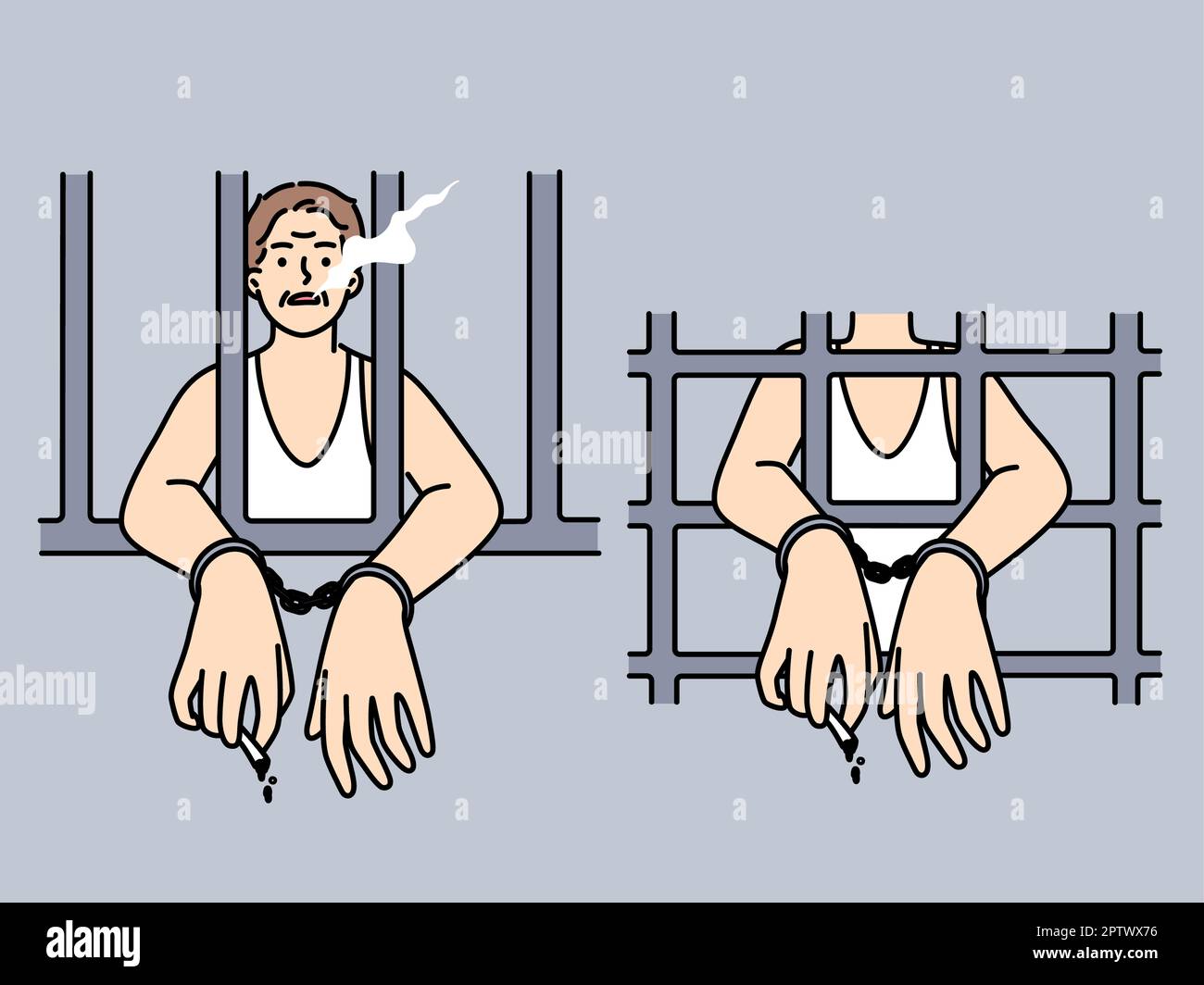 Man in handcuffs behind bars smoking cigarette. Male prisoner in jail