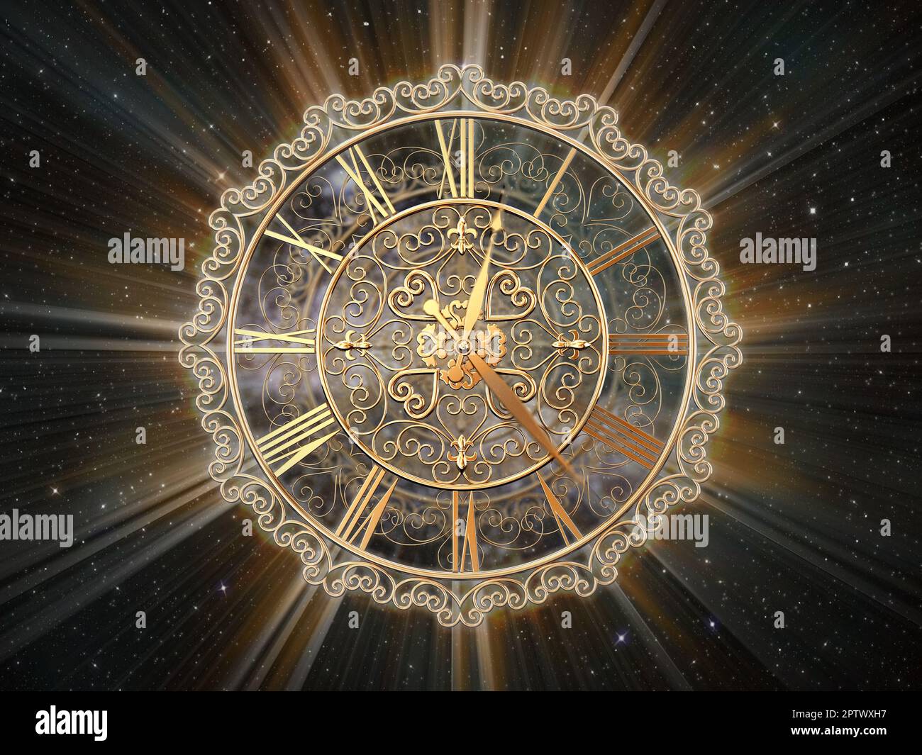Ornate gold clock and faces with light effects on space background. Infinity of time concept. 3D illustration. Stock Photo