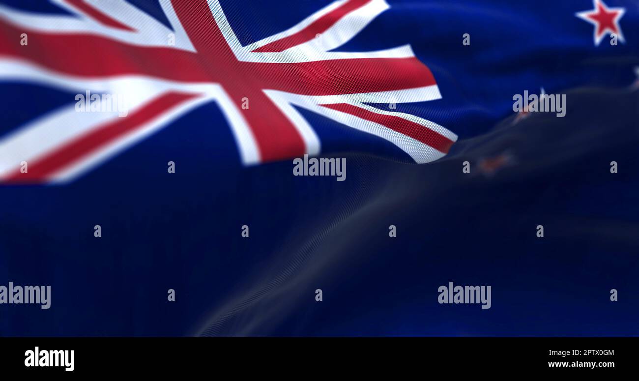 Closeup view of the New Zealand national flag waving in the wind. New