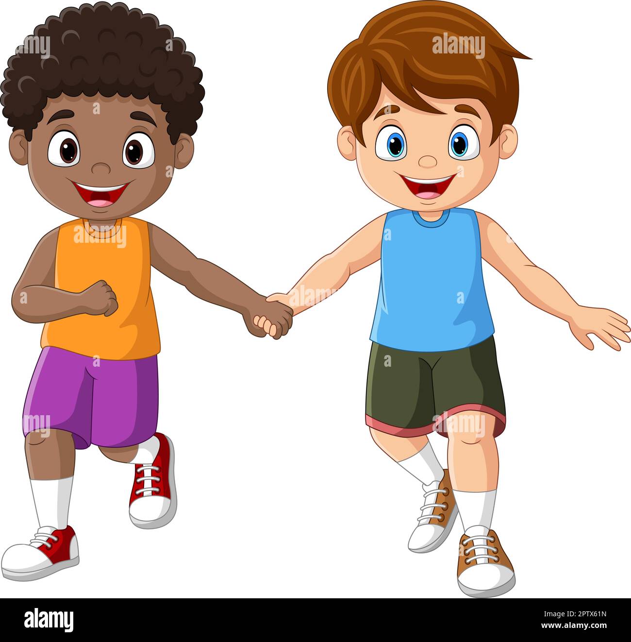 Cute little boys holding hands and running together Stock Vector